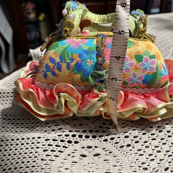 Mary Frances Floral Beaded Ruffled Small Handbag Pink Yellow - Picture 9 of 12